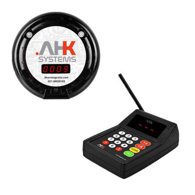 نمای پیجر لرزشی مشتری AHK CV200 در کنار کیپد شماره‌گیر و فرستنده بی‌سیم فراخوان